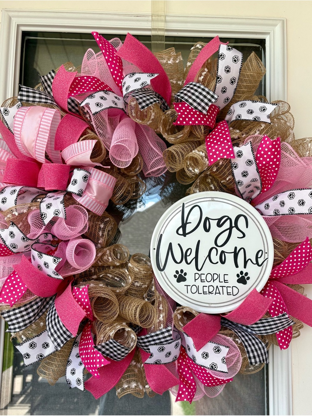 Dogs Welcome Pink and Brown Decorative Holiday Wreath by